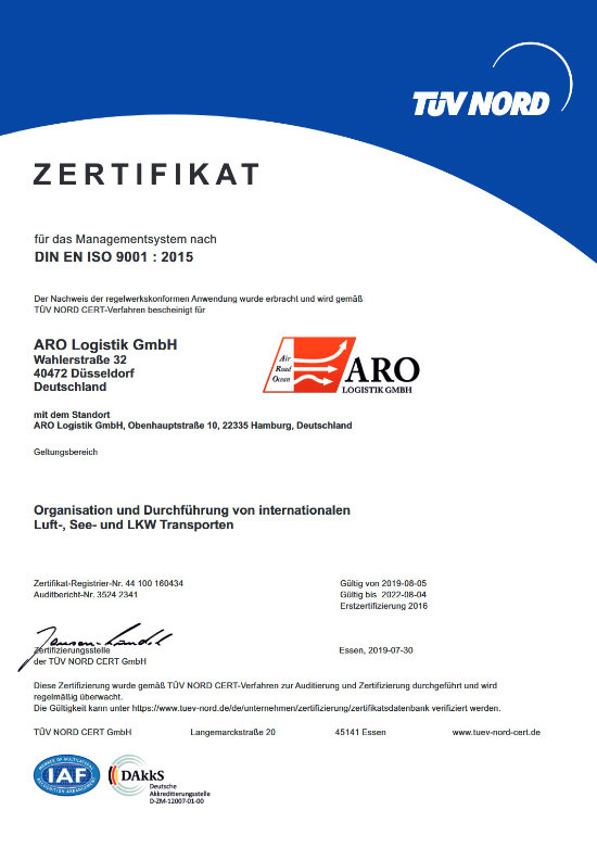 Zertifikat ISO 9001 der ARO Logistik GmbH